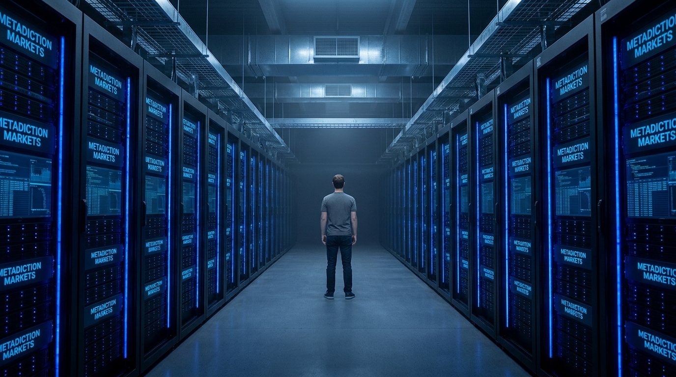 Server room corridor lined with prediction market systems