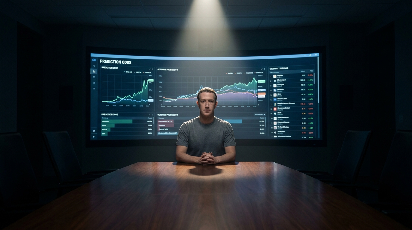 Zuckerberg seated before a prediction dashboard