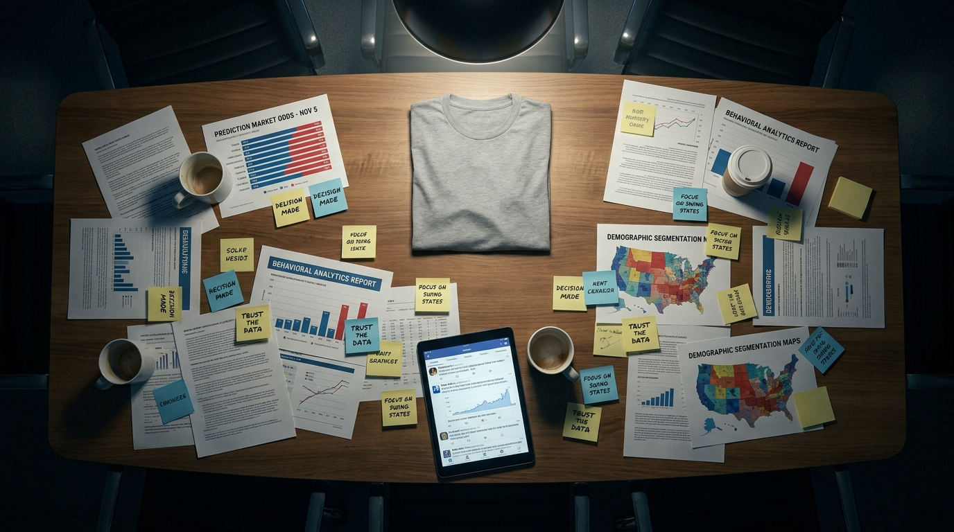 Overhead table with reports and a folded grey shirt